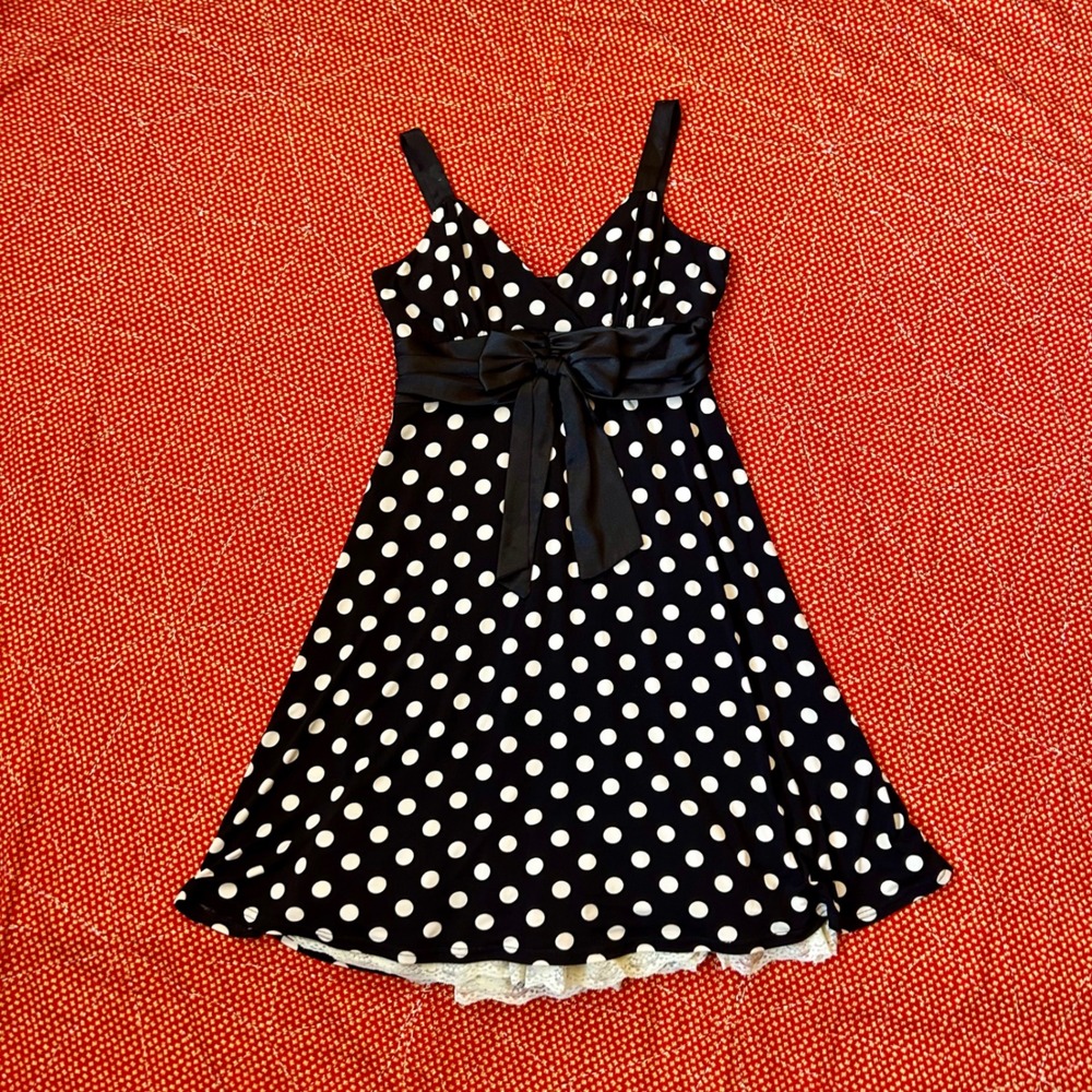 Vintage Black White Polka Dot Lace Trim Bow Mini Dress